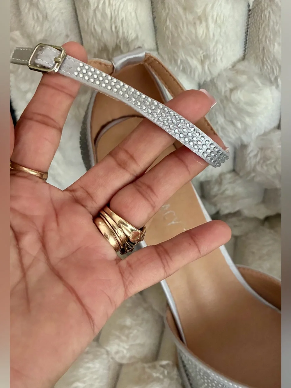 Silver Rhinestone Platform Block Heels with Ankle Strap